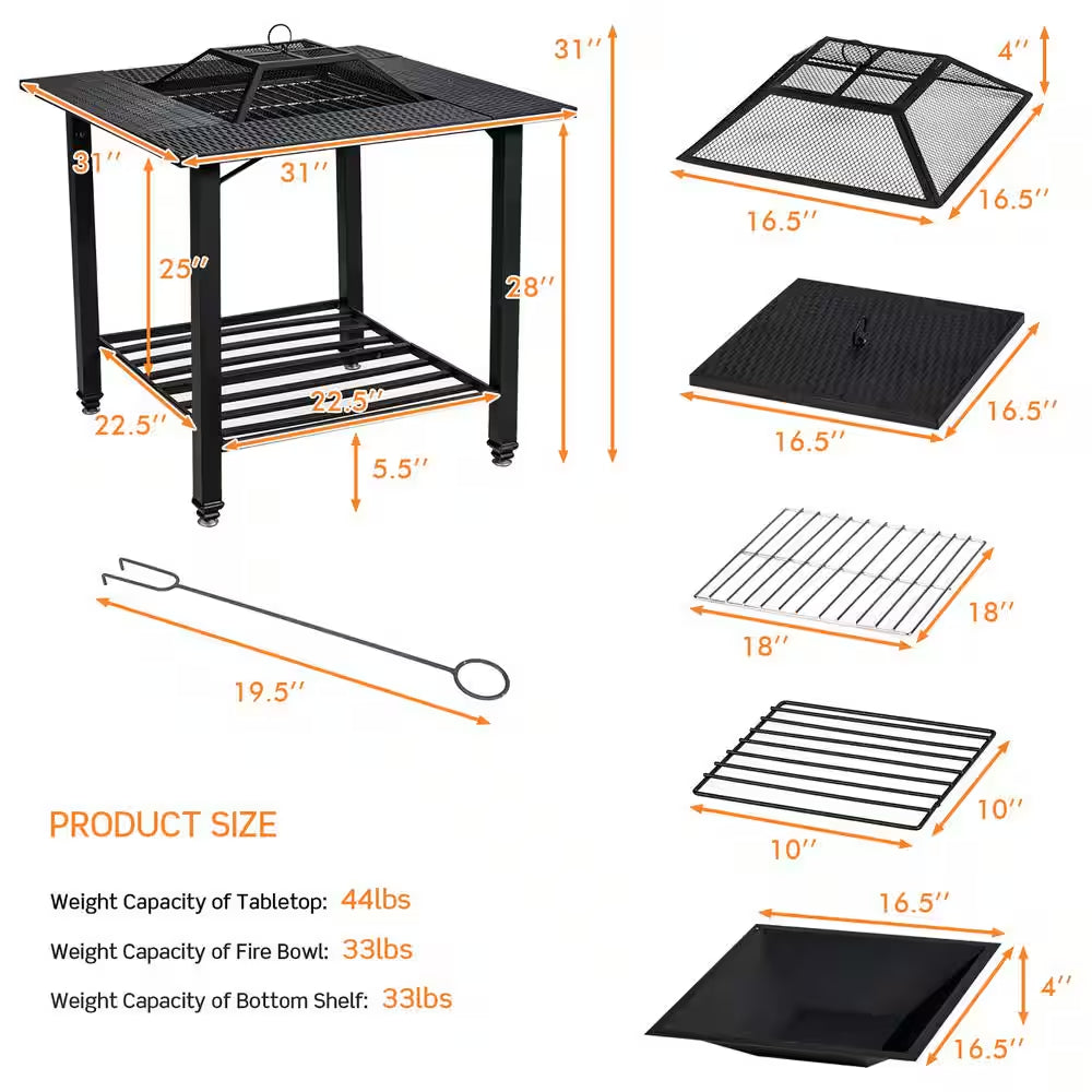 31 In. Outdoor Steel Fire Pit Dining Table Charcoal Wood Burning W/Cooking BBQ Grate