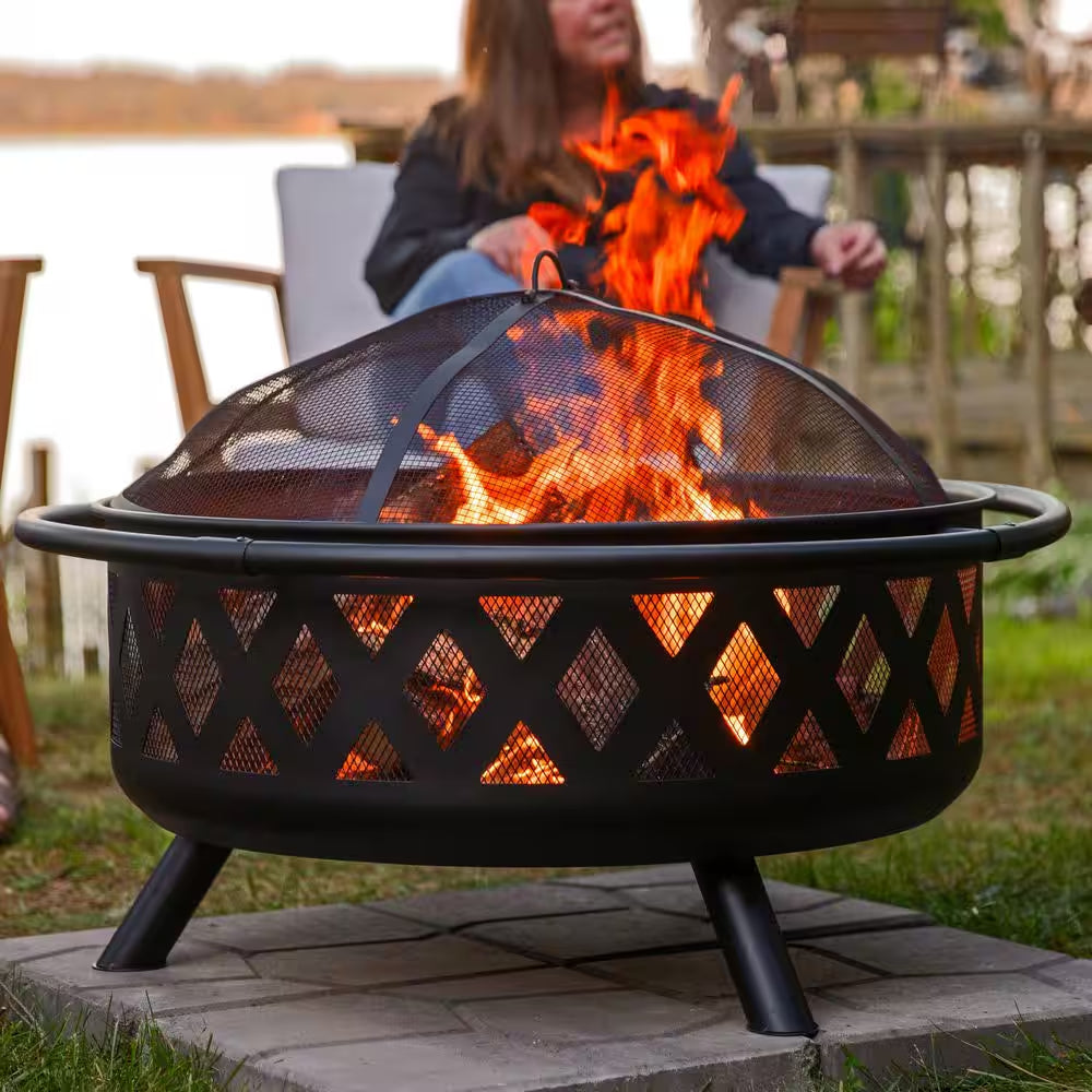 Black Cross Weave 36 In. X 24 In. round Steel Wood Burning Fire Pit with Spark Screen