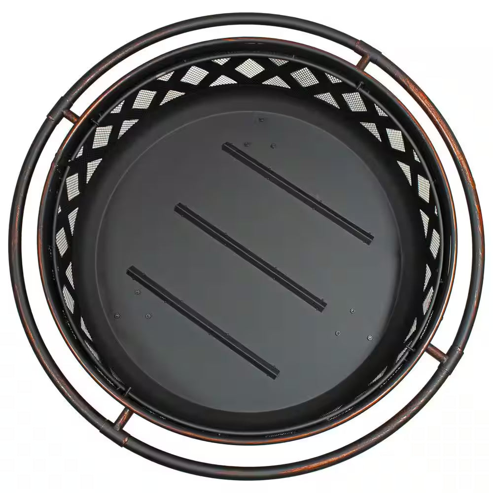 Cross Weave 36 In. X 24 In. Large round Steel Wood Burning Fire Pit in Bronze with Spark Screen