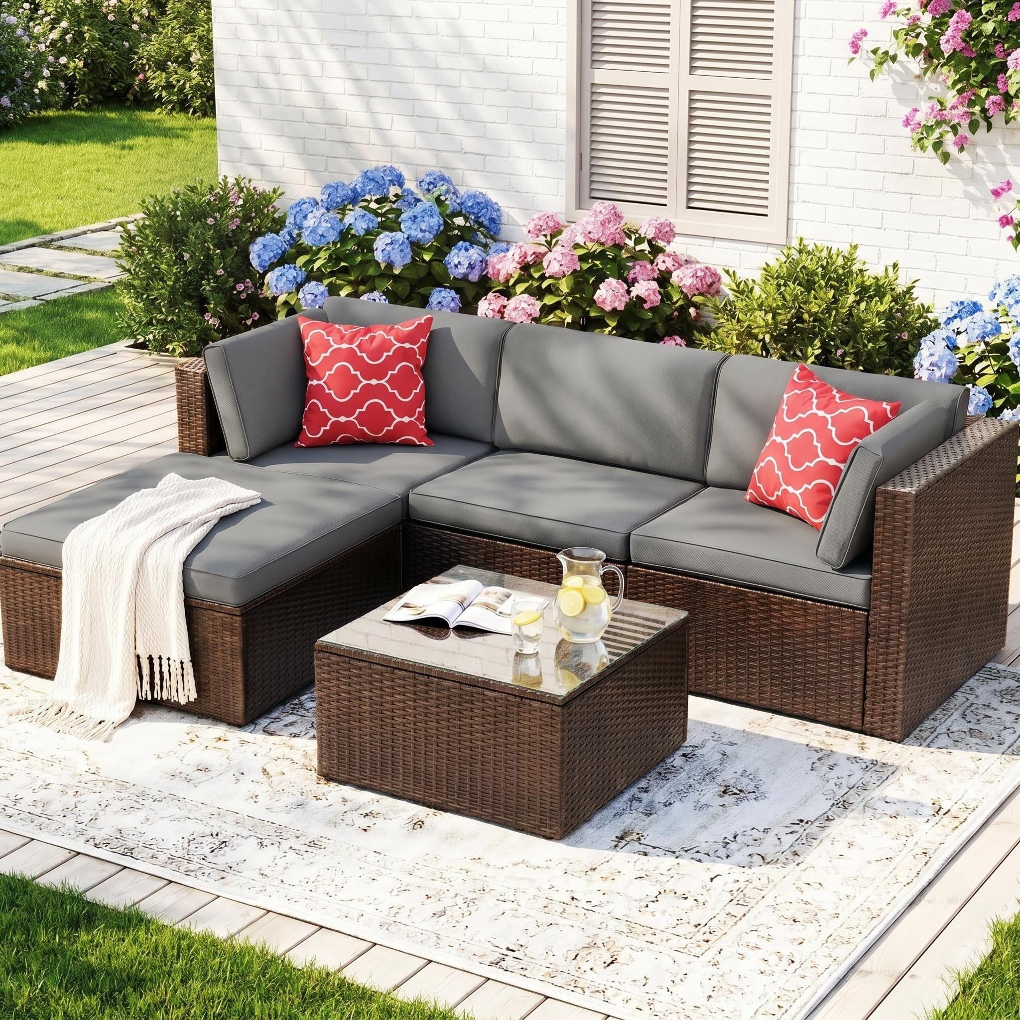 Patio Furniture Set, 8 Piece Outdoor Wicker Furniture Set with Two Tempered Glass Tables for Conversation/Gathering on Porch/Backyard, Black