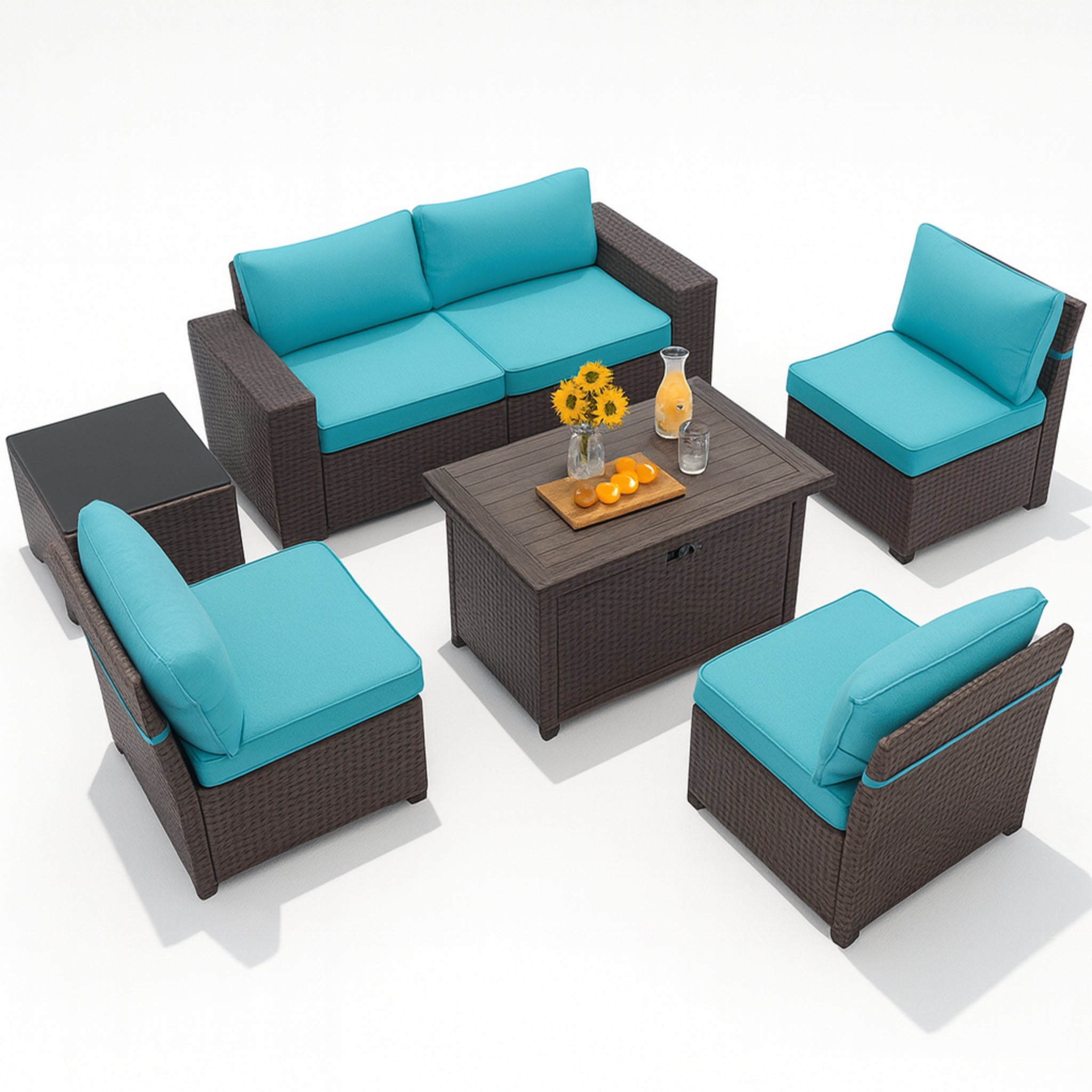 7 Pieces Outdoor Patio Furniture Set with 43" Fire Pit Table Sets Outdoor Furniture Patio Conversation Set (Blue)