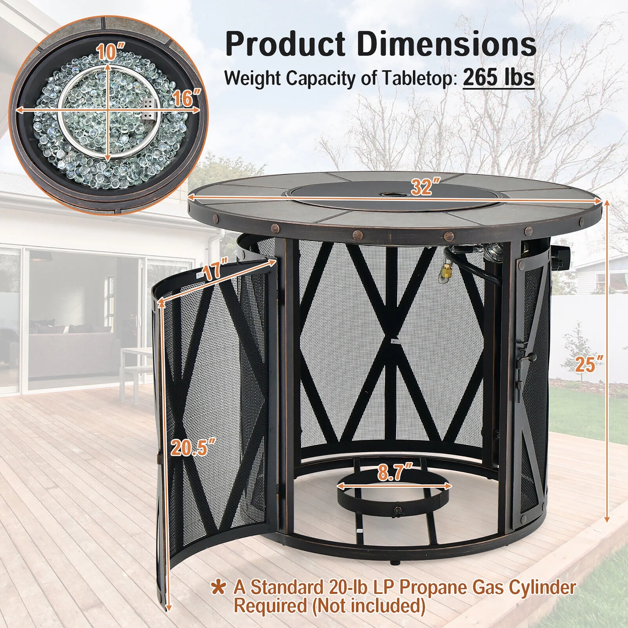 32'' Patio round Fire Pit Table 30,000 BTU Propane Gas Firepit W/ Fire Glasses