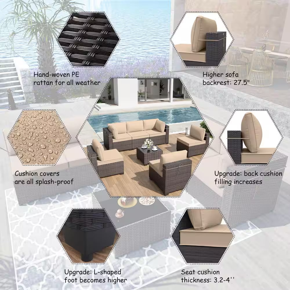 7-Piece Wicker Outdoor Sectional Set with Cushion Sand
