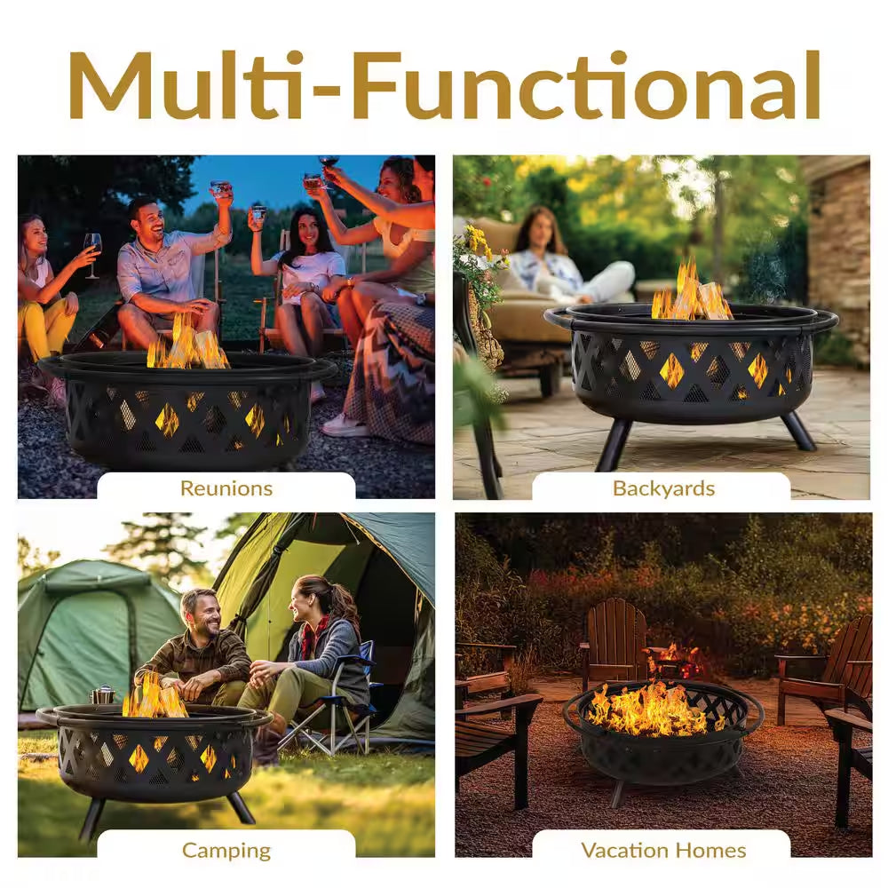 Black Cross Weave 36 In. X 24 In. round Steel Wood Burning Fire Pit with Spark Screen