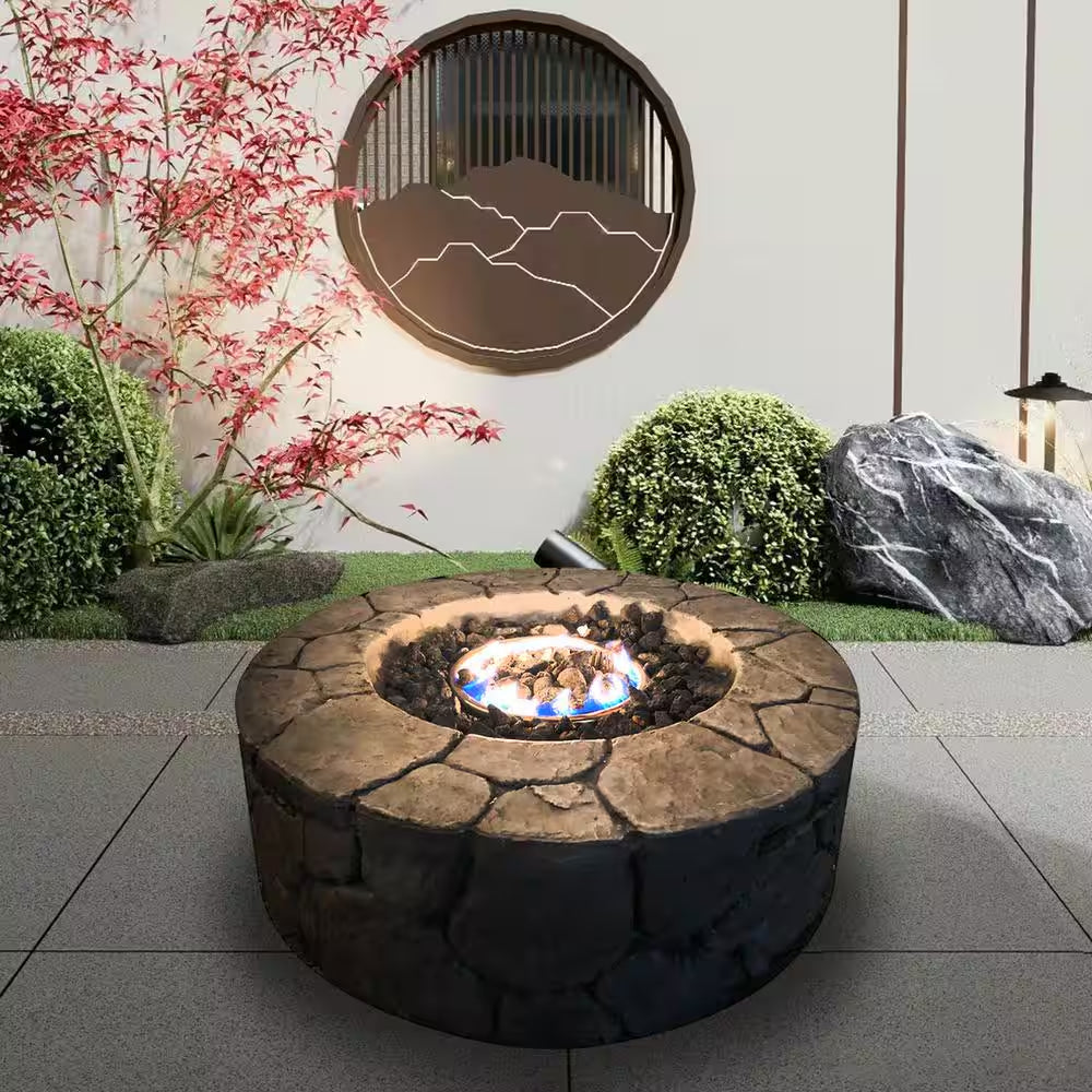 28 In. W Black round Concrete Base Multi-Fuel LP Gas Fire Pit with Electronic Adjustable Igition, Lava Rocks, 40000 BTU