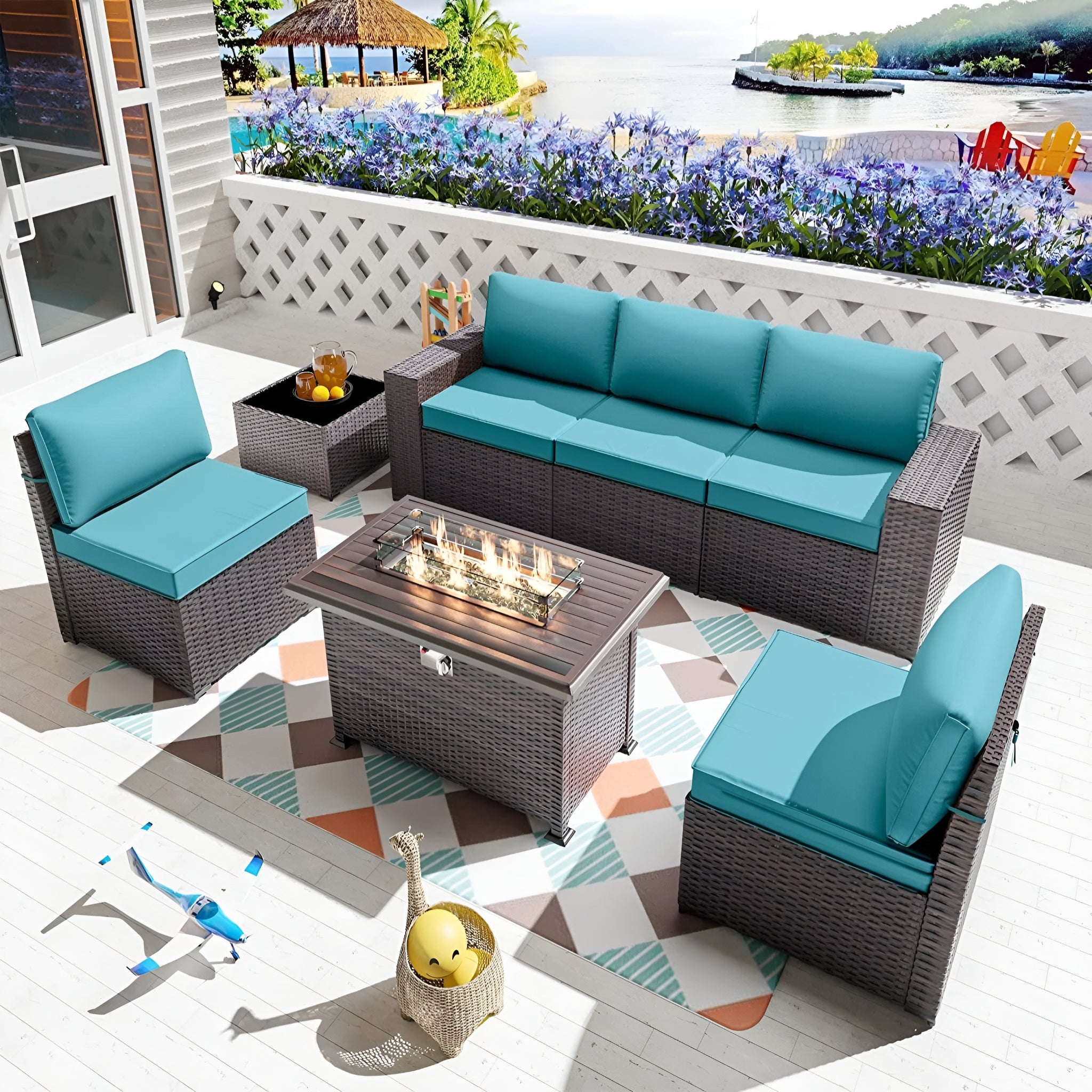7 Pieces Outdoor Patio Furniture Set with 43" Fire Pit Table Sets Outdoor Furniture Patio Conversation Set (Blue)