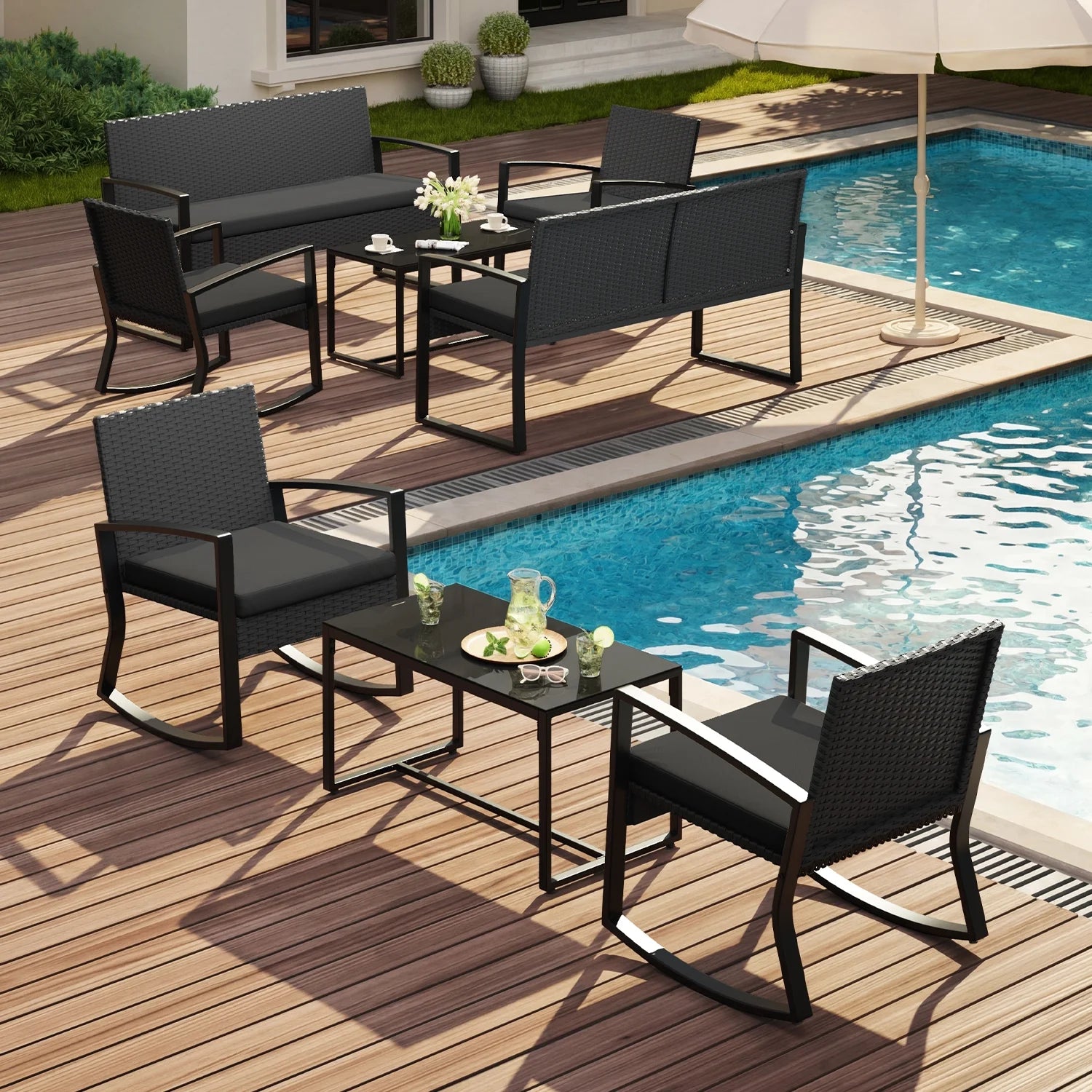 Patio Furniture Set, 8 Piece Outdoor Wicker Furniture Set with Two Tempered Glass Tables for Conversation/Gathering on Porch/Backyard, Black