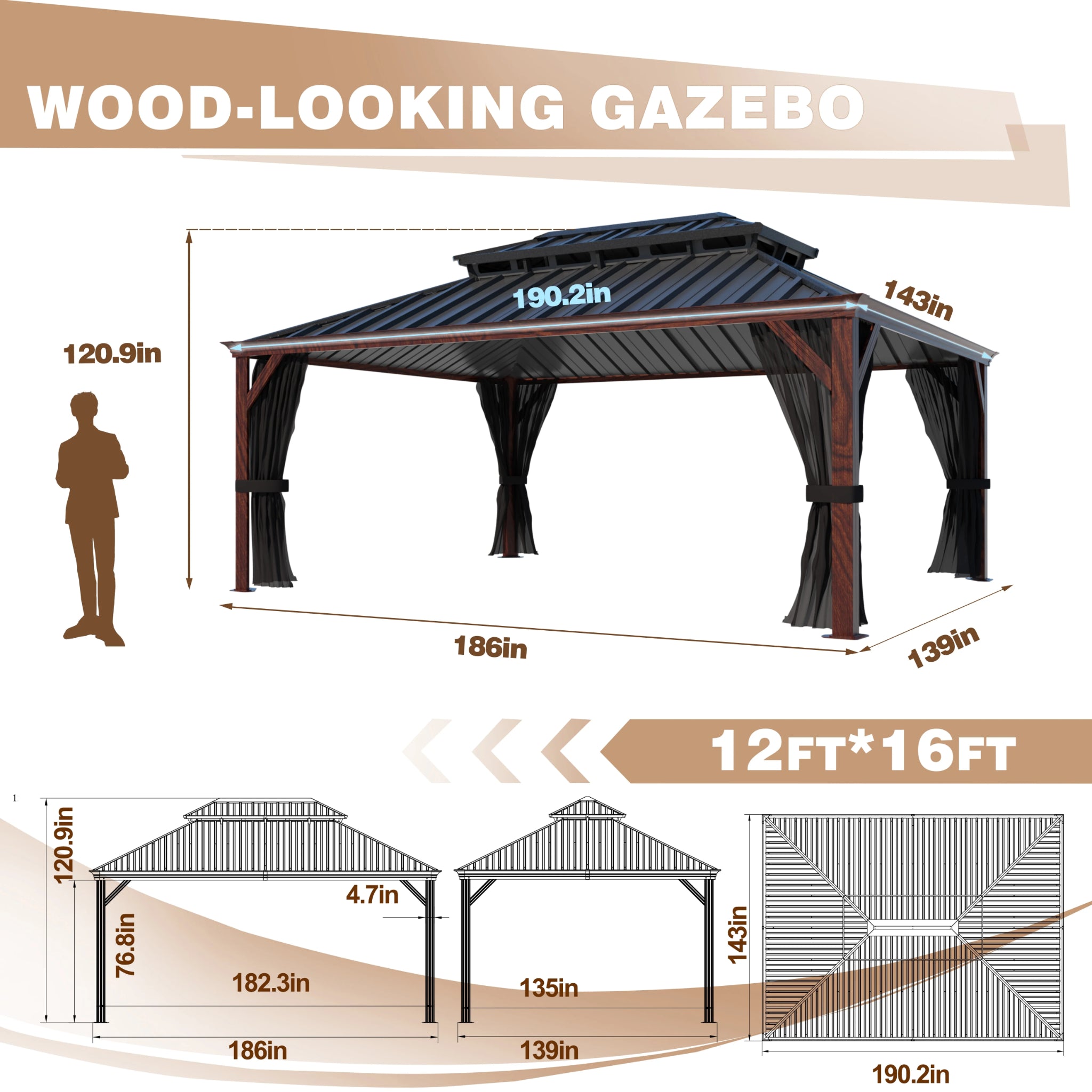 12' X 16' Outdoor Hardtop Gazebo, Wood Grain Gazebo W/Double Metal Roof for Patio, Rustic