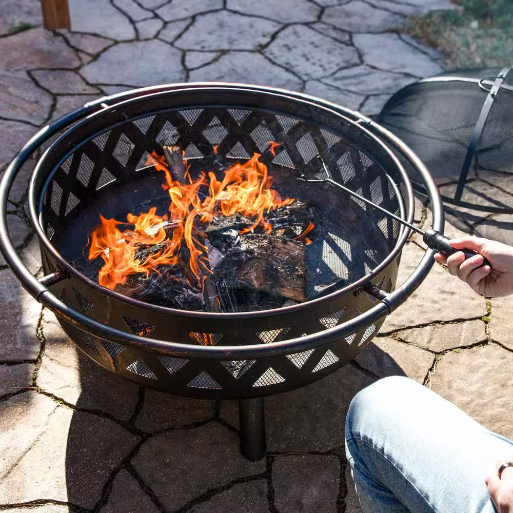 Cross Weave 36 In. X 24 In. Large round Steel Wood Burning Fire Pit in Bronze with Spark Screen