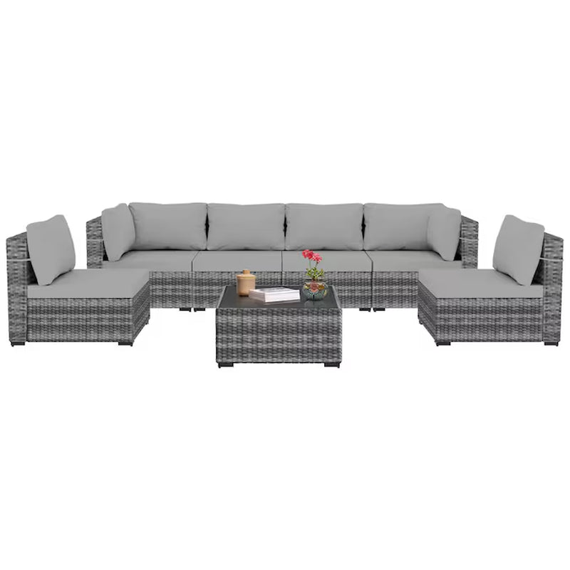 7 -Piece Rattan Patio Conversation Set with Gray Cushions