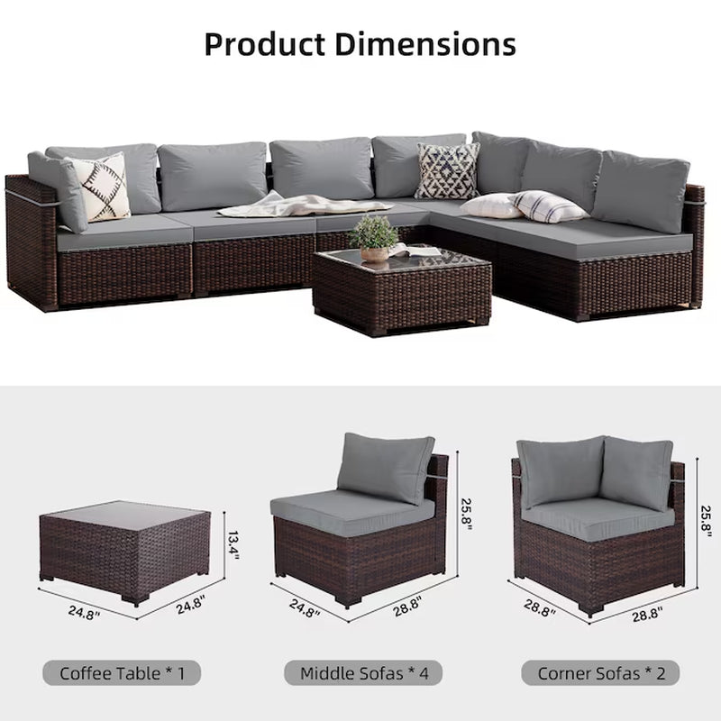 7 -Piece Rattan Patio Conversation Set with Gray Cushions