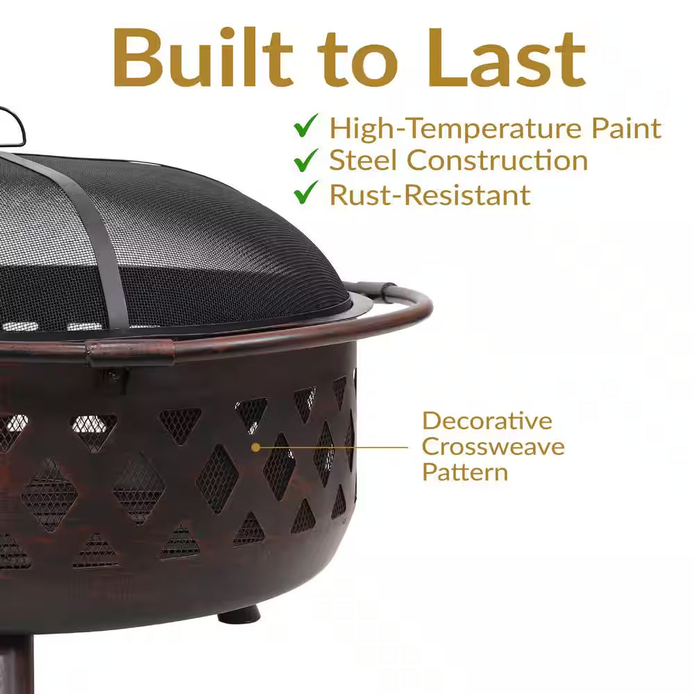 Cross Weave 36 In. X 24 In. Large round Steel Wood Burning Fire Pit in Bronze with Spark Screen