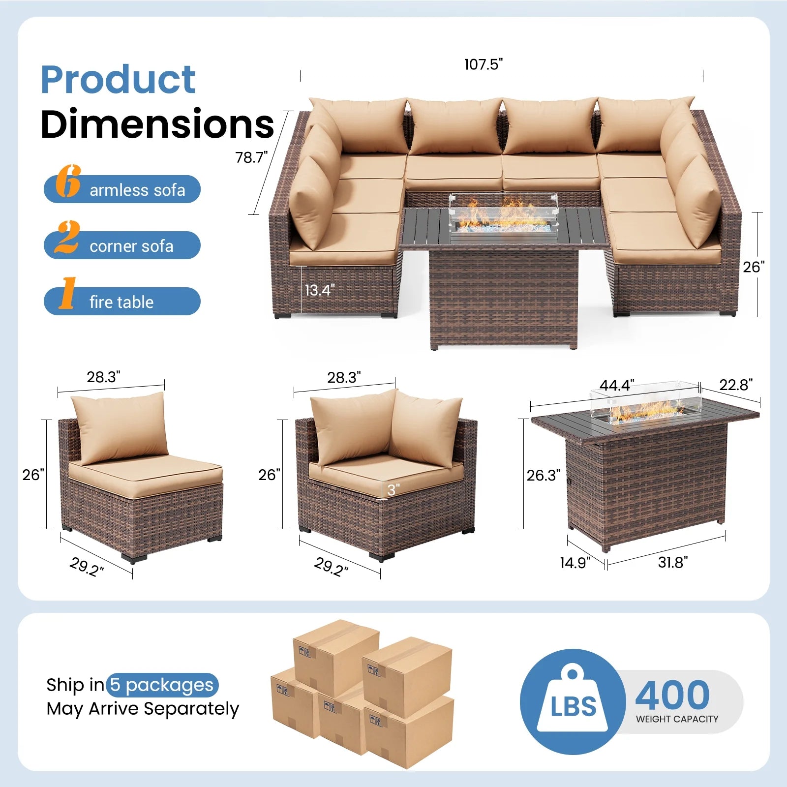 Modern 7-Piece Outdoor Patio Sectional Set with Fire Pit Table