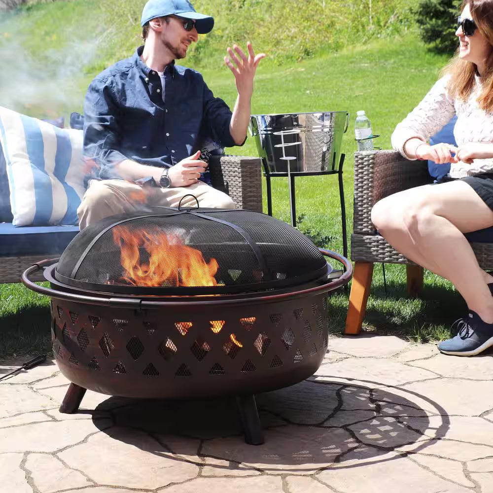 Cross Weave 36 In. X 24 In. Large round Steel Wood Burning Fire Pit in Bronze with Spark Screen