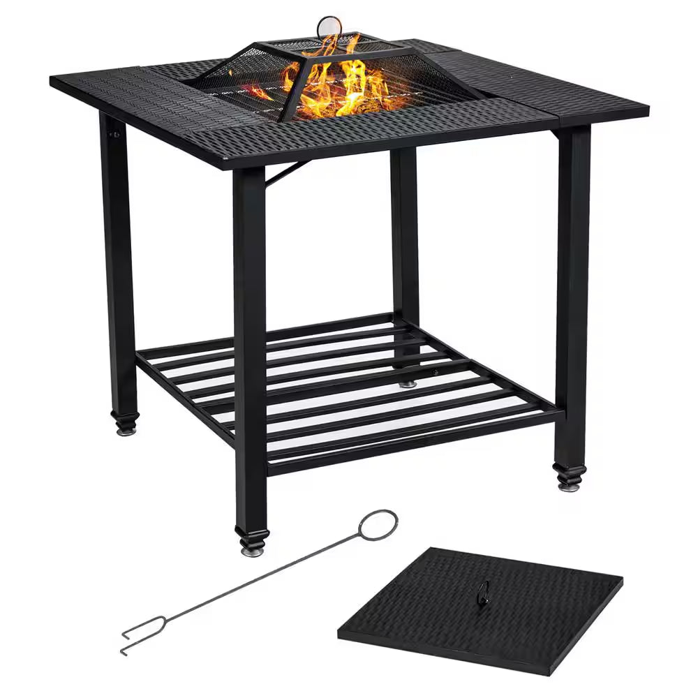 31 In. Outdoor Steel Fire Pit Dining Table Charcoal Wood Burning W/Cooking BBQ Grate