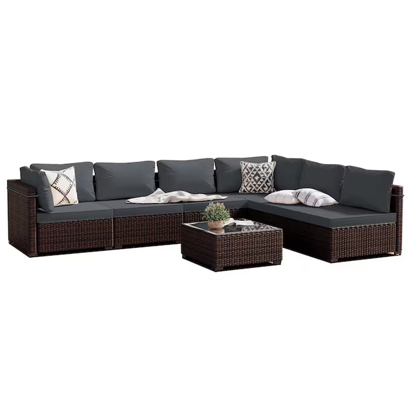 7 -Piece Rattan Patio Conversation Set with Gray Cushions