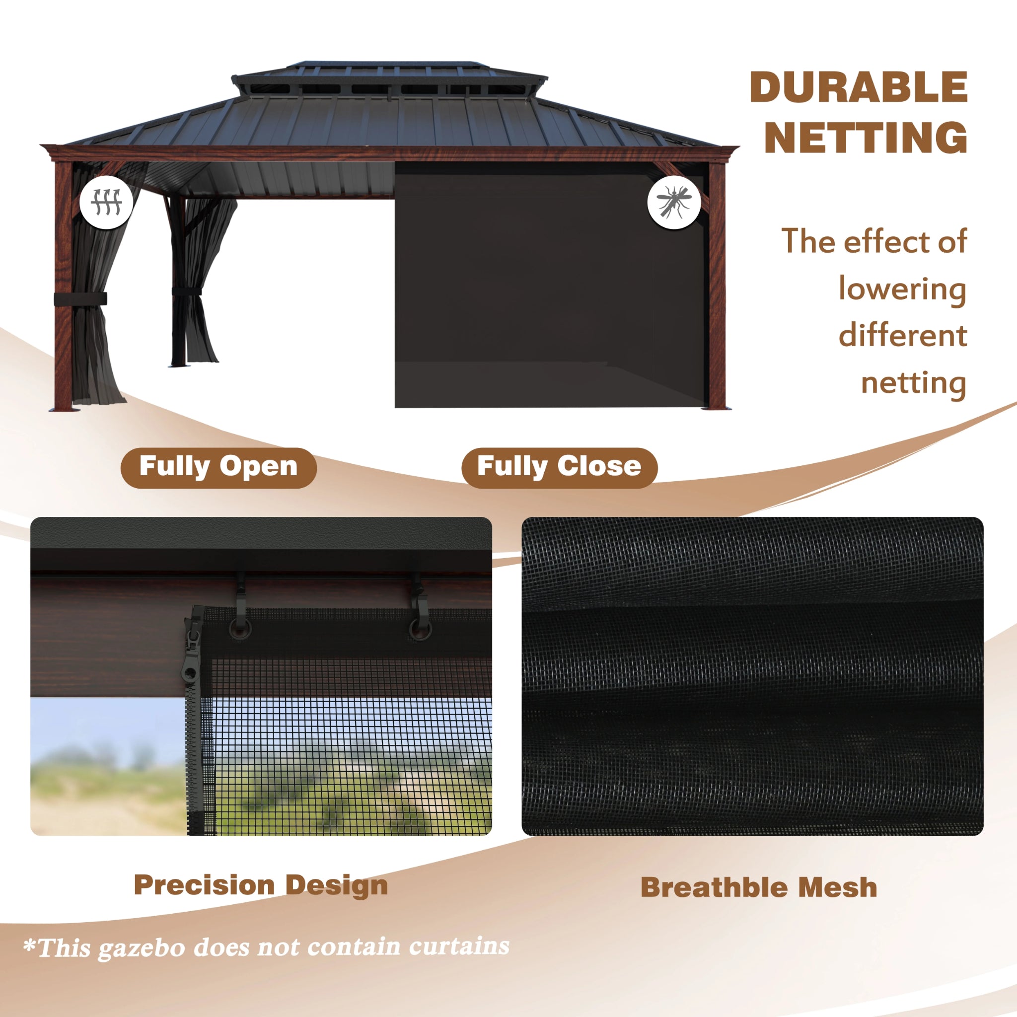 12' X 16' Outdoor Hardtop Gazebo, Wood Grain Gazebo W/Double Metal Roof for Patio, Rustic