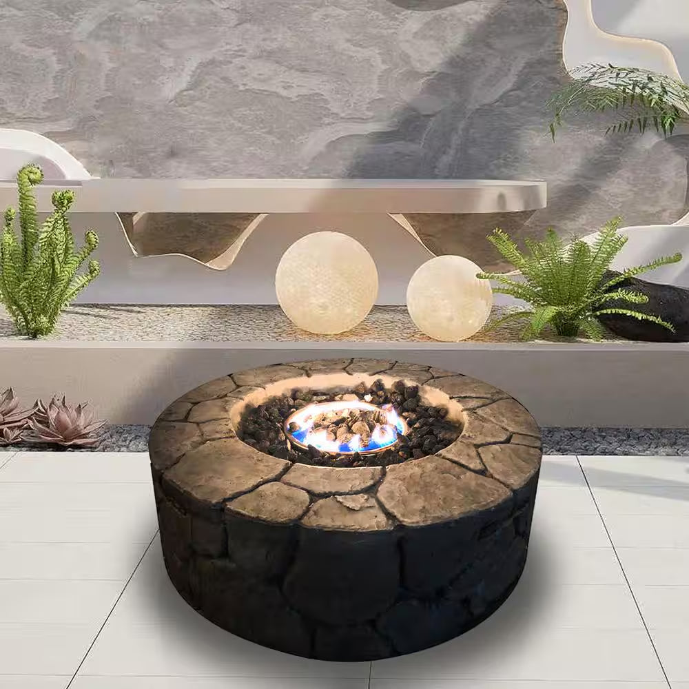 28 In. W Black round Concrete Base Multi-Fuel LP Gas Fire Pit with Electronic Adjustable Igition, Lava Rocks, 40000 BTU