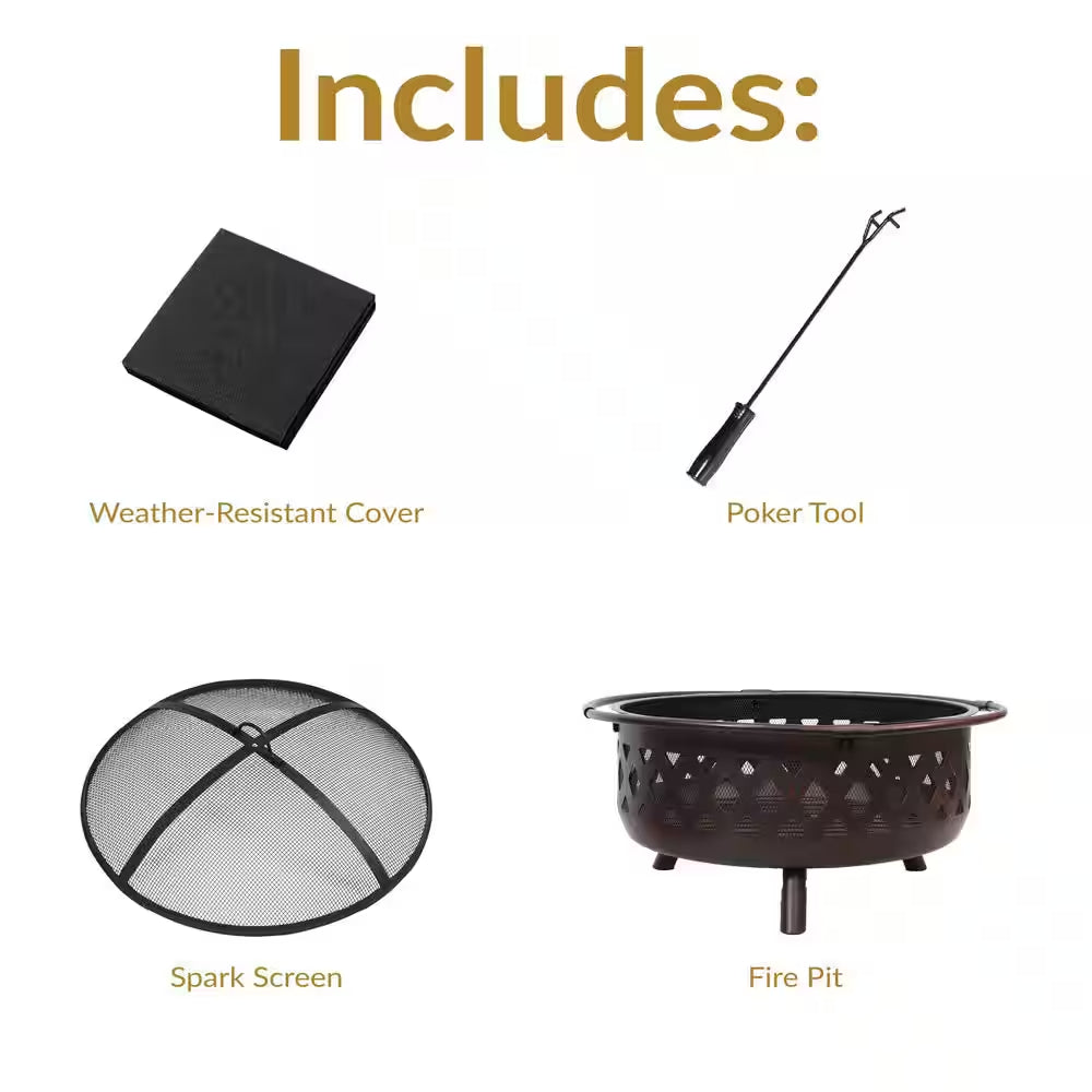 Cross Weave 36 In. X 24 In. Large round Steel Wood Burning Fire Pit in Bronze with Spark Screen