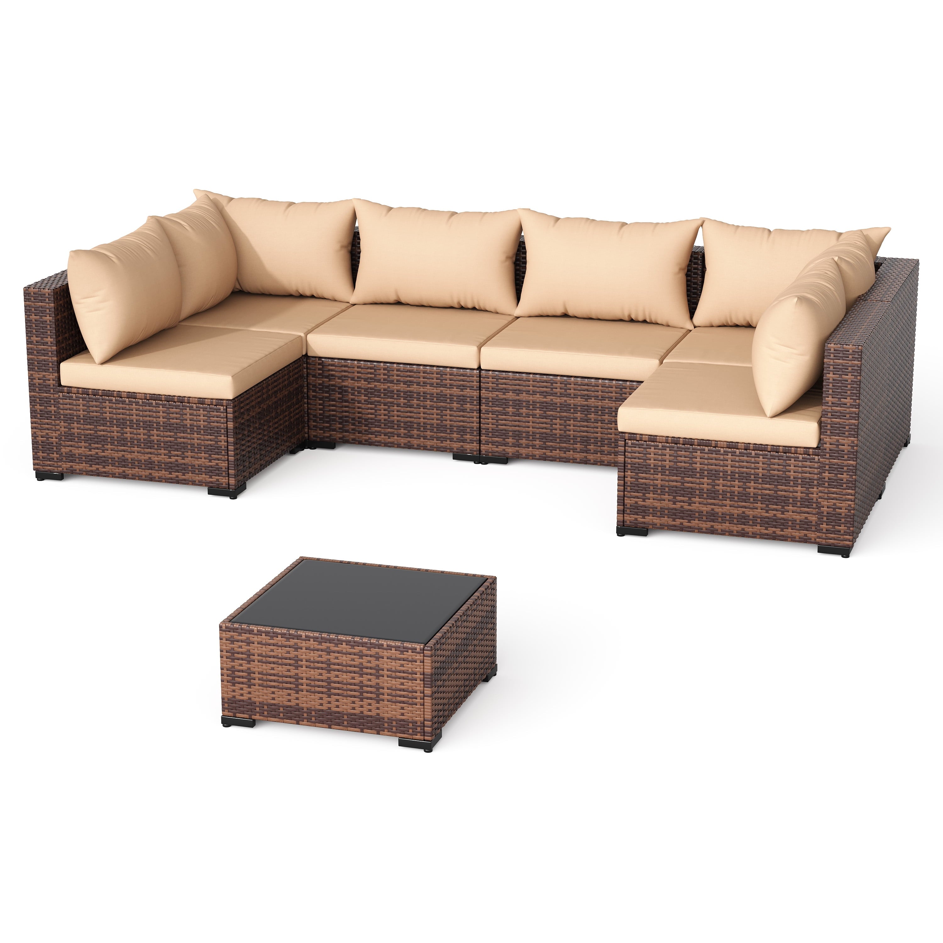 7 Pieces Patio Furniture Set All Weather Outdoor Sectional Sofa, Outdoor Modern Sectional Furniture Wicker Couch with Glass Coffee Table, Thicken Khaki Cushions, Water Resistant