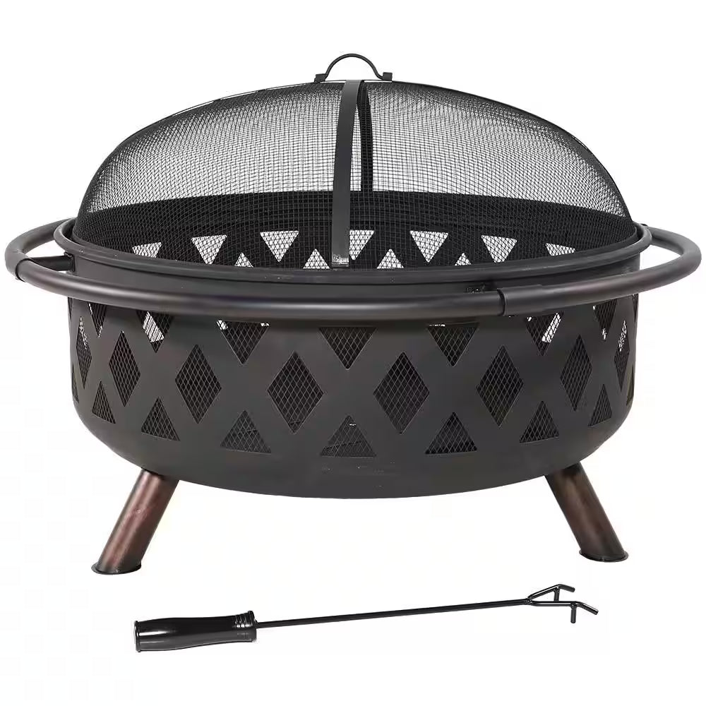 Black Cross Weave 36 In. X 24 In. round Steel Wood Burning Fire Pit with Spark Screen