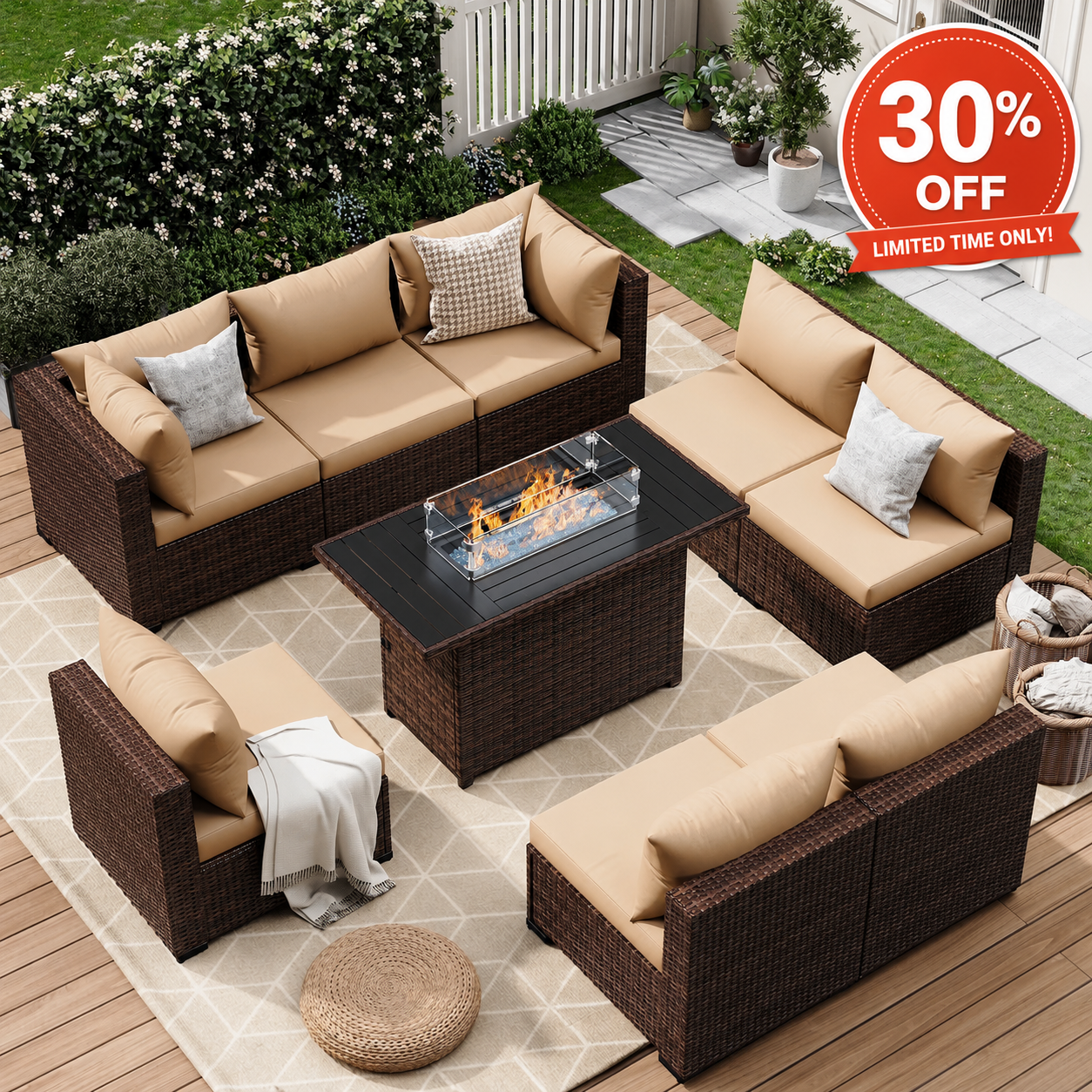 Modern 7-Piece Outdoor Patio Sectional Set with Fire Pit Table