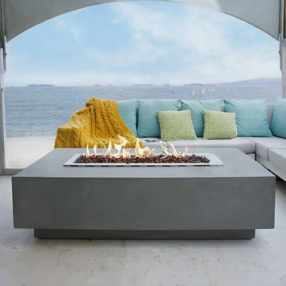 Elementi Granville Outdoor Fire Pit 60 In. X 27 In. Rectangular Concrete Propane Fire Table with Lava Rocks and Cover