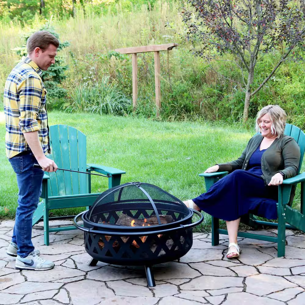 Black Cross Weave 36 In. X 24 In. round Steel Wood Burning Fire Pit with Spark Screen