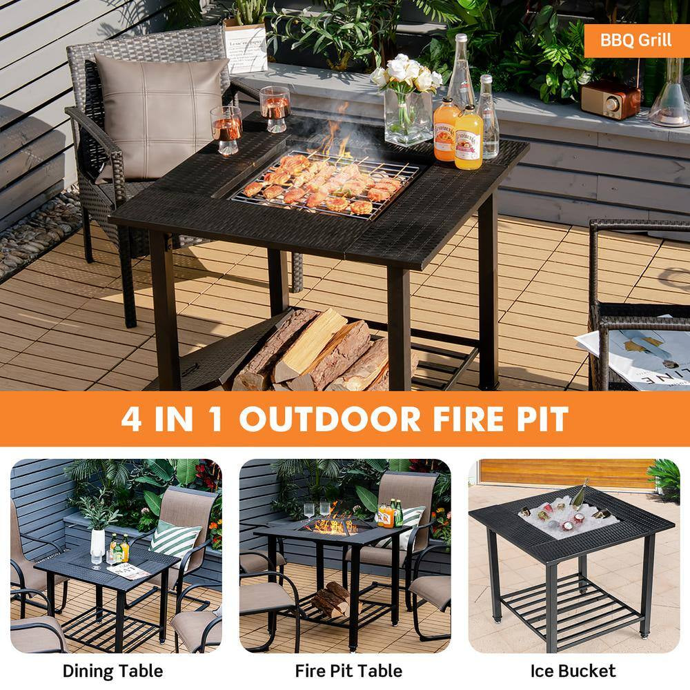 31 In. Outdoor Steel Fire Pit Dining Table Charcoal Wood Burning W/Cooking BBQ Grate