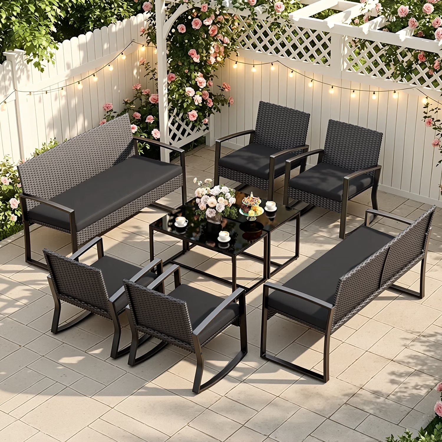 Patio Furniture Set, 8 Piece Outdoor Wicker Furniture Set with Two Tempered Glass Tables for Conversation/Gathering on Porch/Backyard, Black