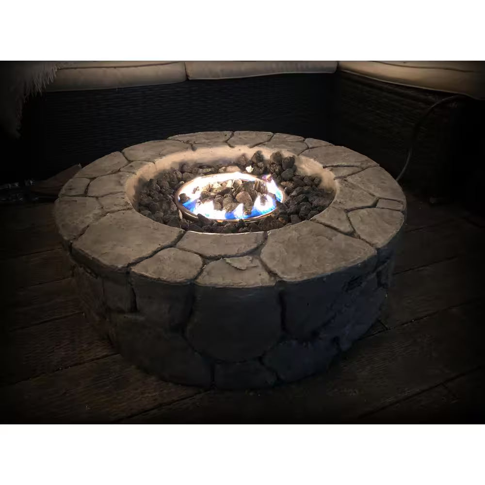 28 In. W Black round Concrete Base Multi-Fuel LP Gas Fire Pit with Electronic Adjustable Igition, Lava Rocks, 40000 BTU