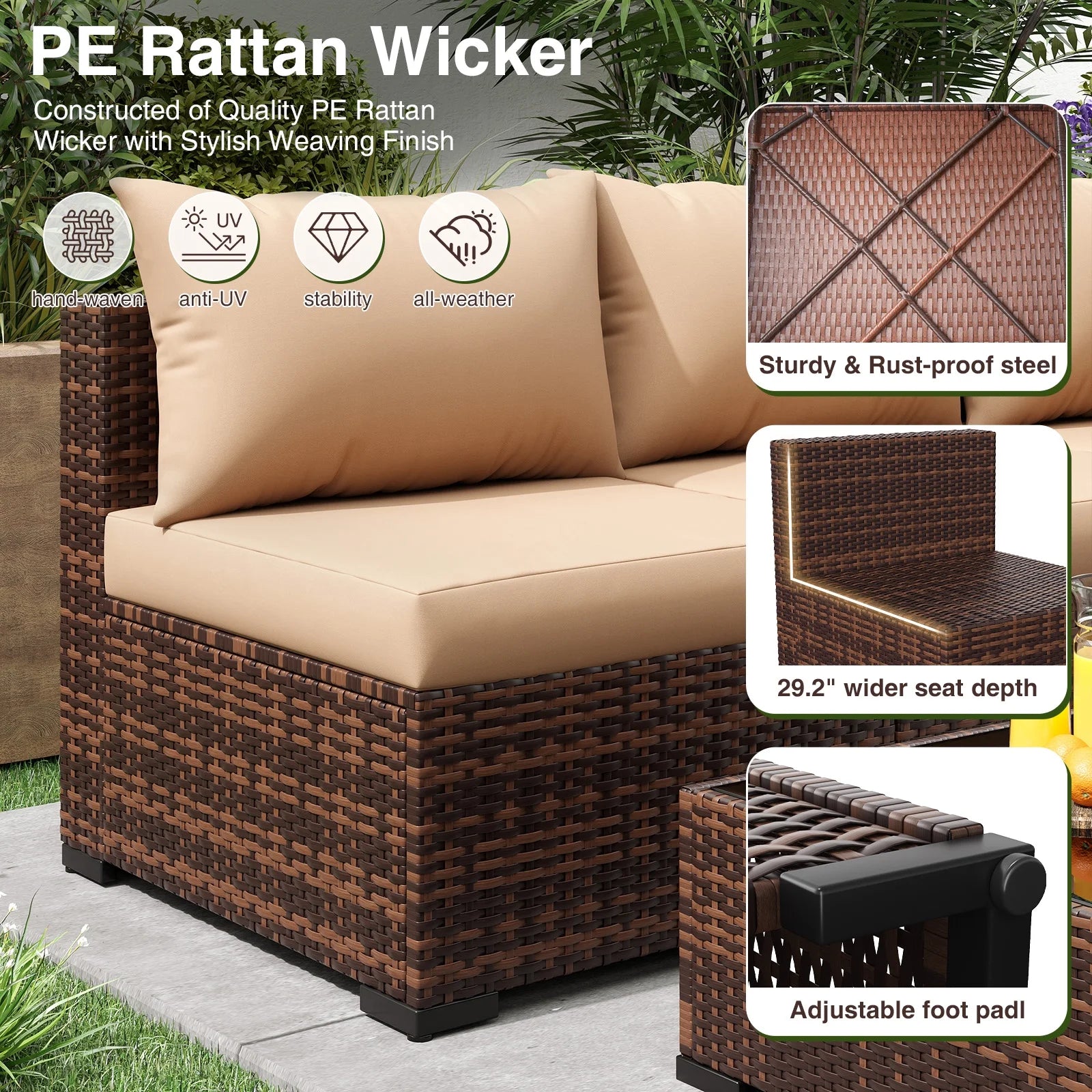 7 Pieces Patio Furniture Set All Weather Outdoor Sectional Sofa, Outdoor Modern Sectional Furniture Wicker Couch with Glass Coffee Table, Thicken Khaki Cushions, Water Resistant