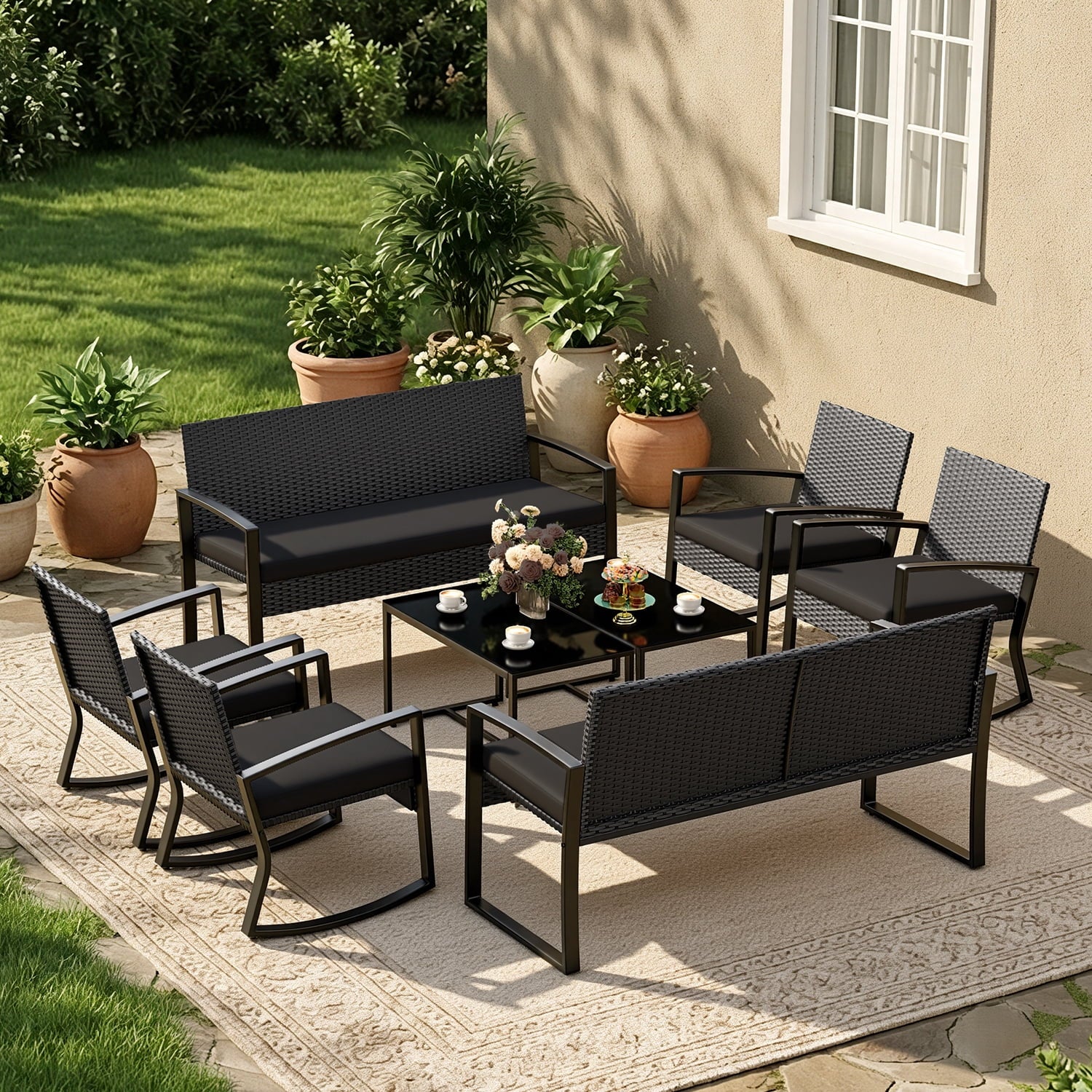 Patio Furniture Set, 8 Piece Outdoor Wicker Furniture Set with Two Tempered Glass Tables for Conversation/Gathering on Porch/Backyard, Black