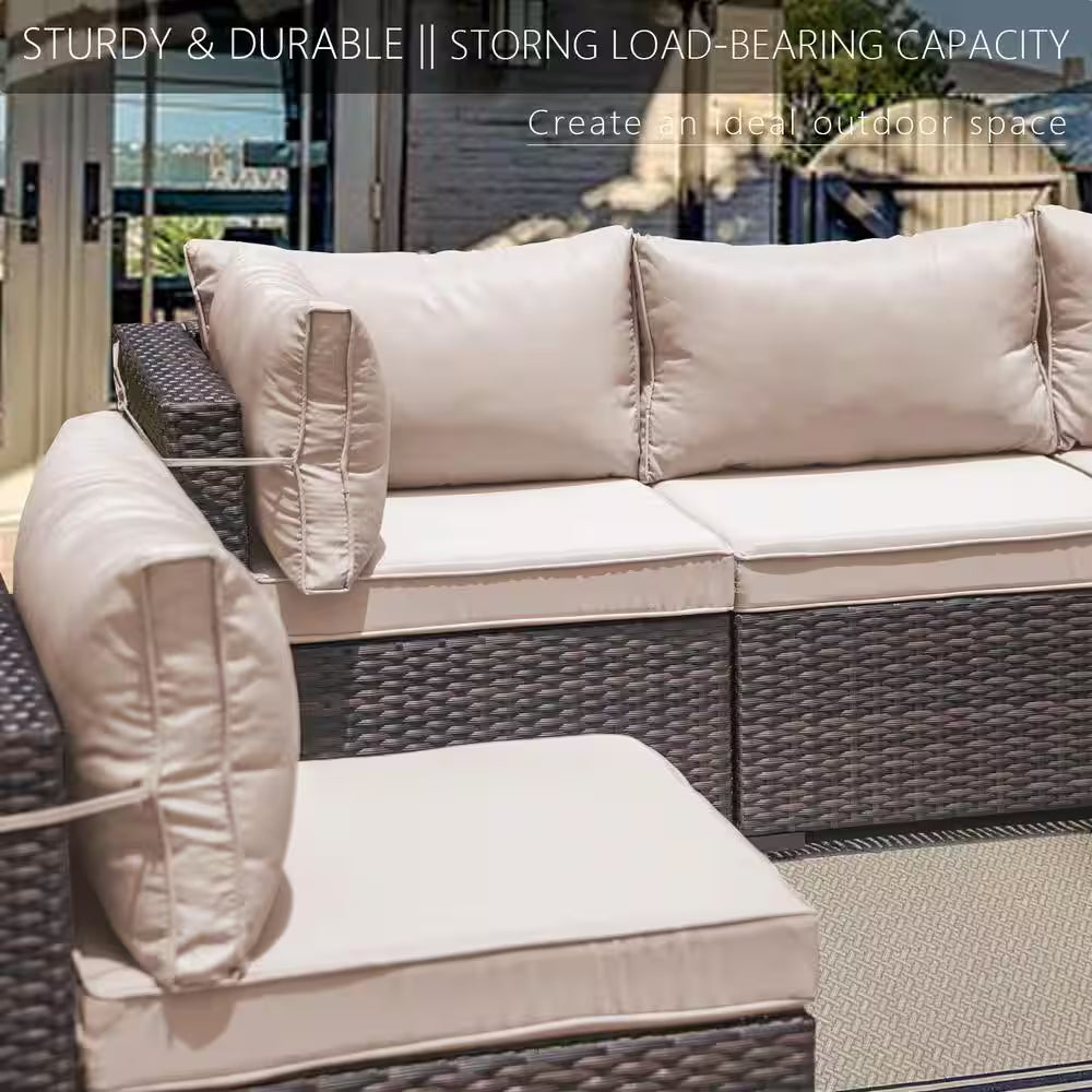 7-Piece Wicker Outdoor Sectional Set with Cushion Sand