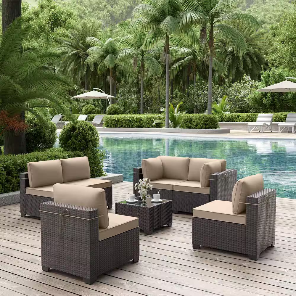 7-Piece Wicker Outdoor Sectional Set with Cushion Sand