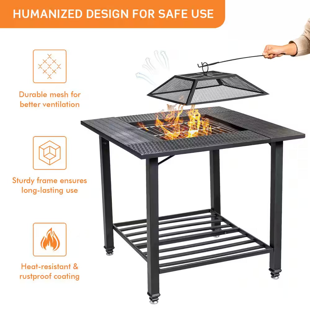 31 In. Outdoor Steel Fire Pit Dining Table Charcoal Wood Burning W/Cooking BBQ Grate