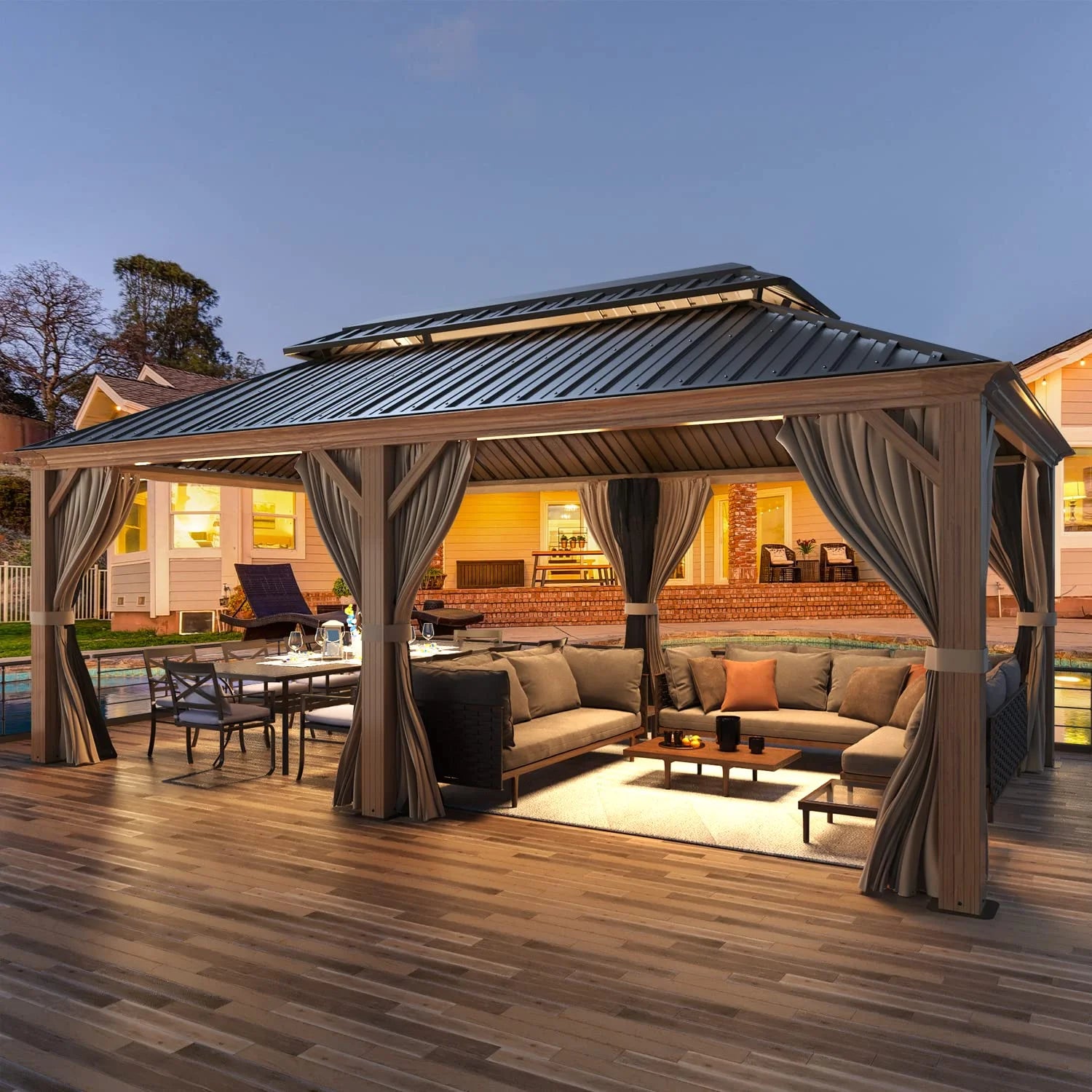 12' X 20' Hardtop Gazebo, Wooden Finish Coated Aluminum Frame Gazebo with Galvanized Steel Double Roof with Curtains and Netting