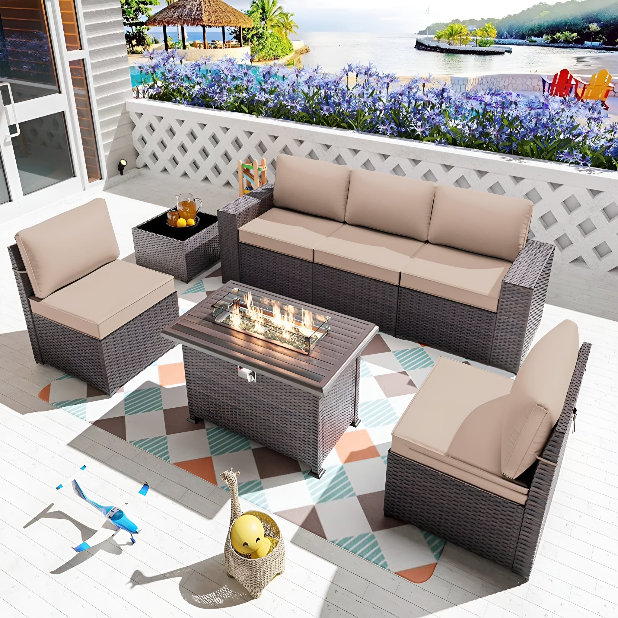 7 Pieces Outdoor Patio Furniture Set with 43" Fire Pit Table Sets Outdoor Furniture Patio Conversation Set (Sand)