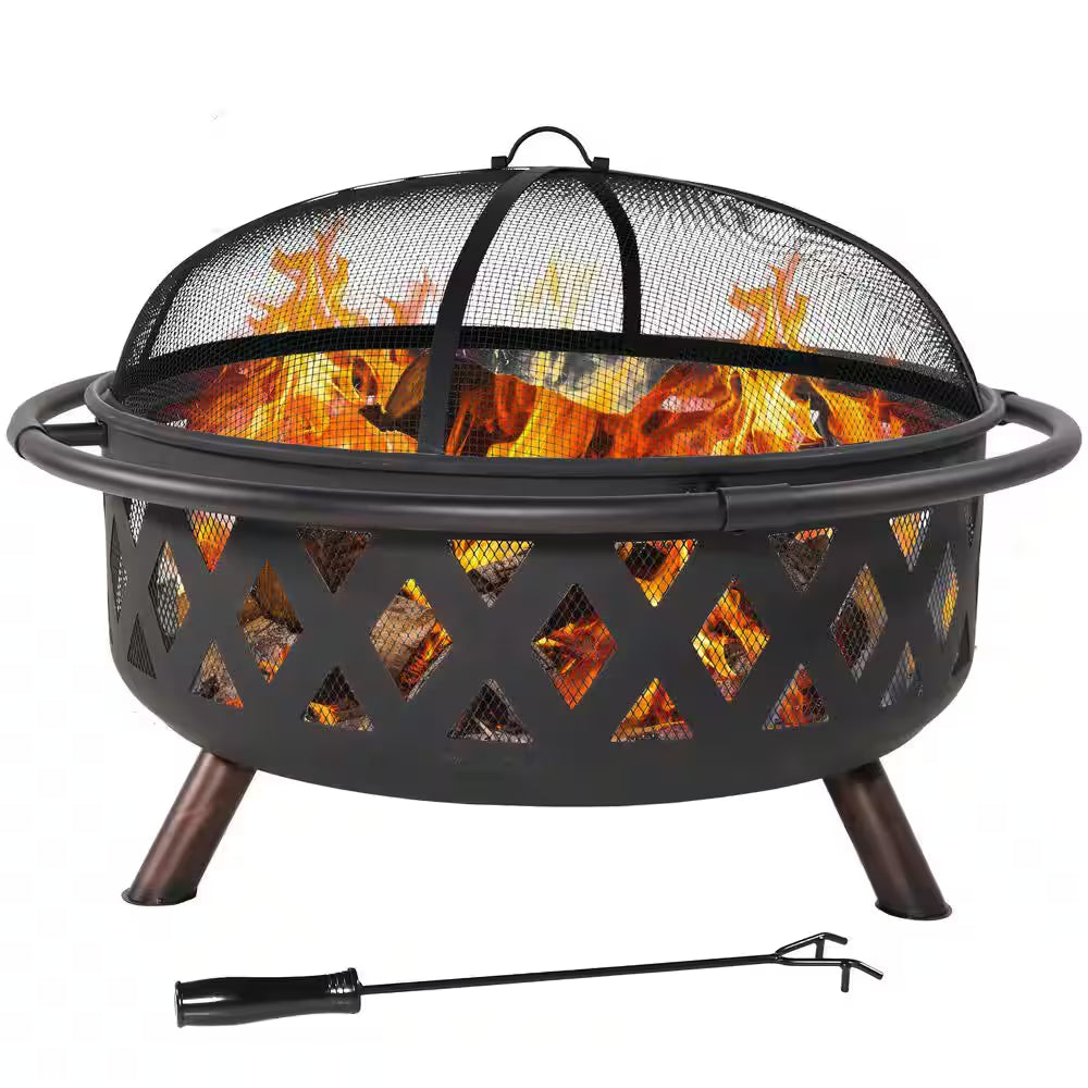 Black Cross Weave 36 In. X 24 In. round Steel Wood Burning Fire Pit with Spark Screen
