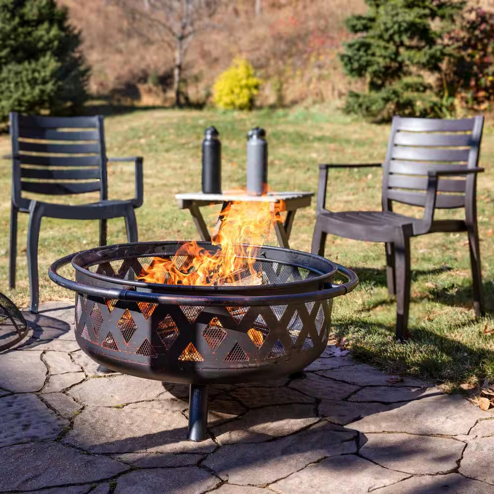 Cross Weave 36 In. X 24 In. Large round Steel Wood Burning Fire Pit in Bronze with Spark Screen