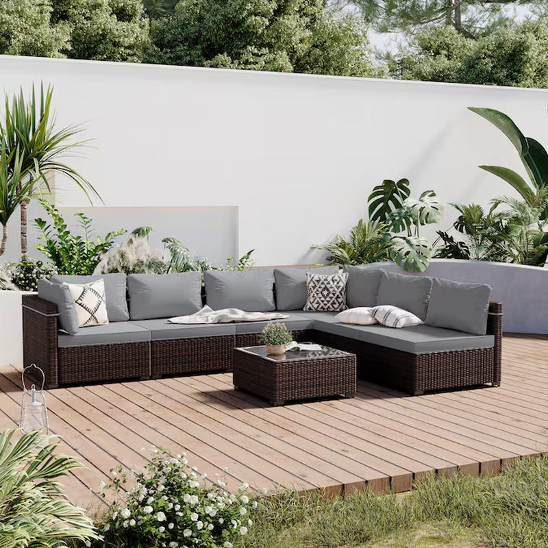 7 -Piece Rattan Patio Conversation Set with Gray Cushions