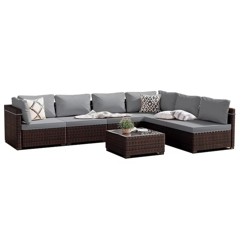 7 -Piece Rattan Patio Conversation Set with Gray Cushions