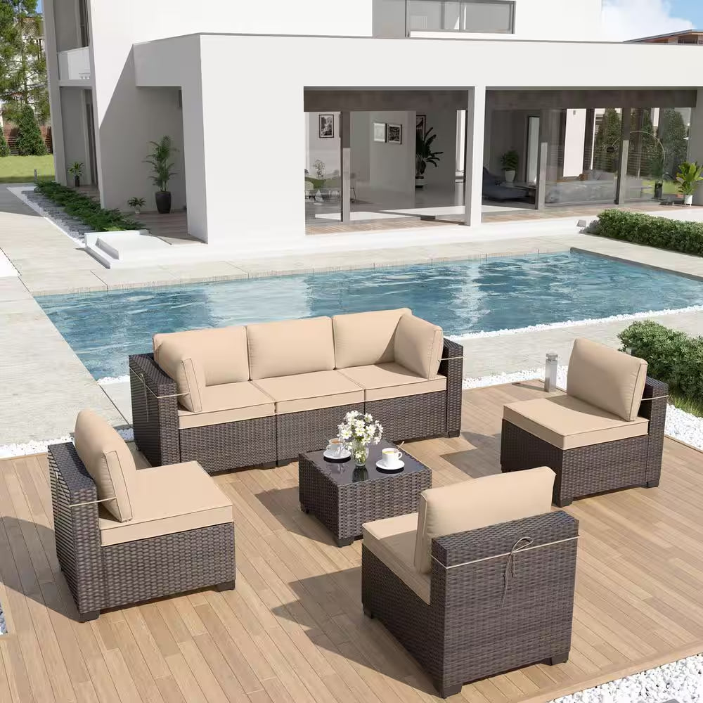 7-Piece Wicker Outdoor Sectional Set with Cushion Sand