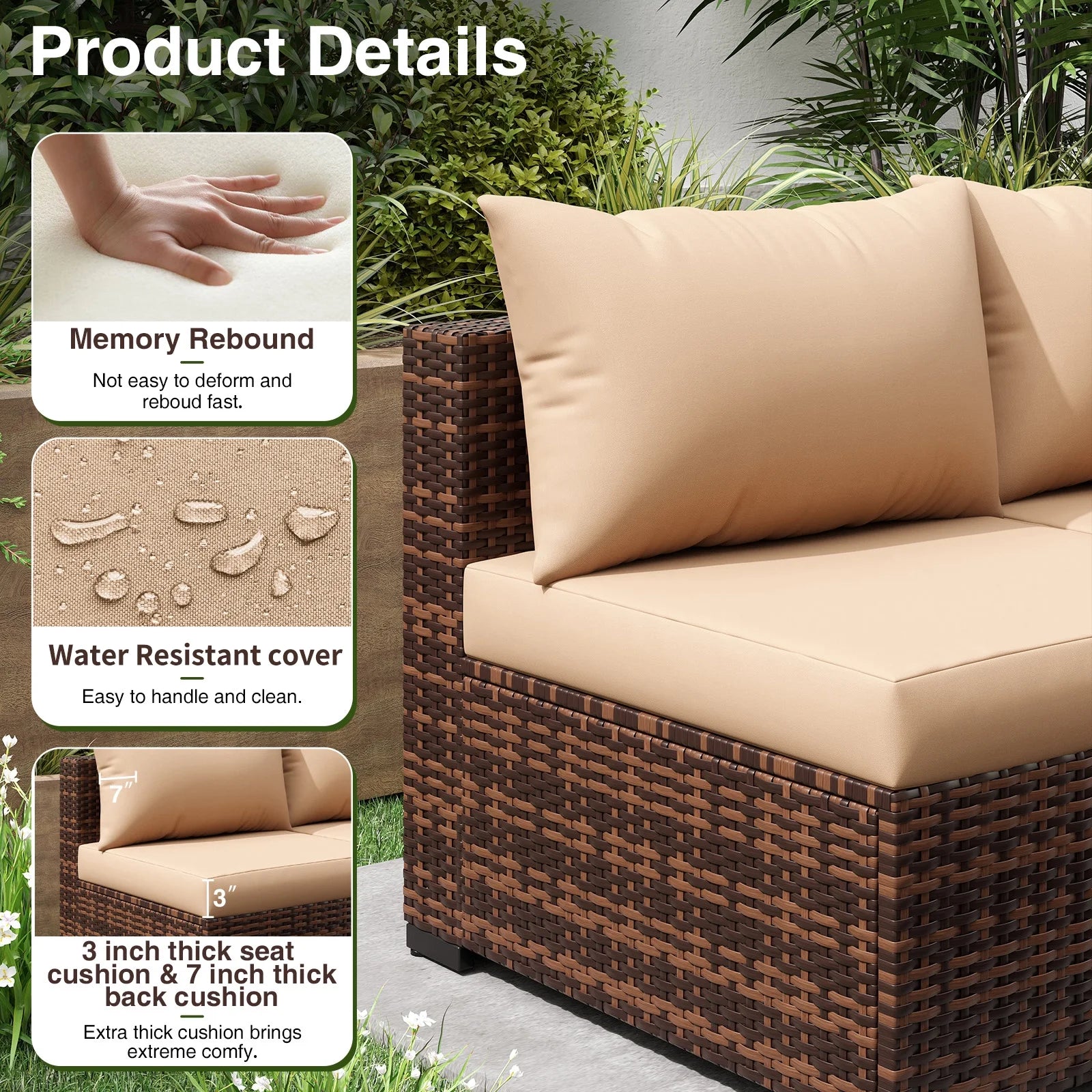 7 Pieces Patio Furniture Set All Weather Outdoor Sectional Sofa, Outdoor Modern Sectional Furniture Wicker Couch with Glass Coffee Table, Thicken Khaki Cushions, Water Resistant