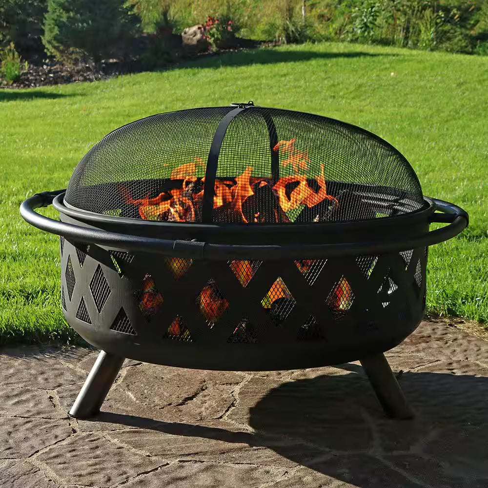 Black Cross Weave 36 In. X 24 In. round Steel Wood Burning Fire Pit with Spark Screen