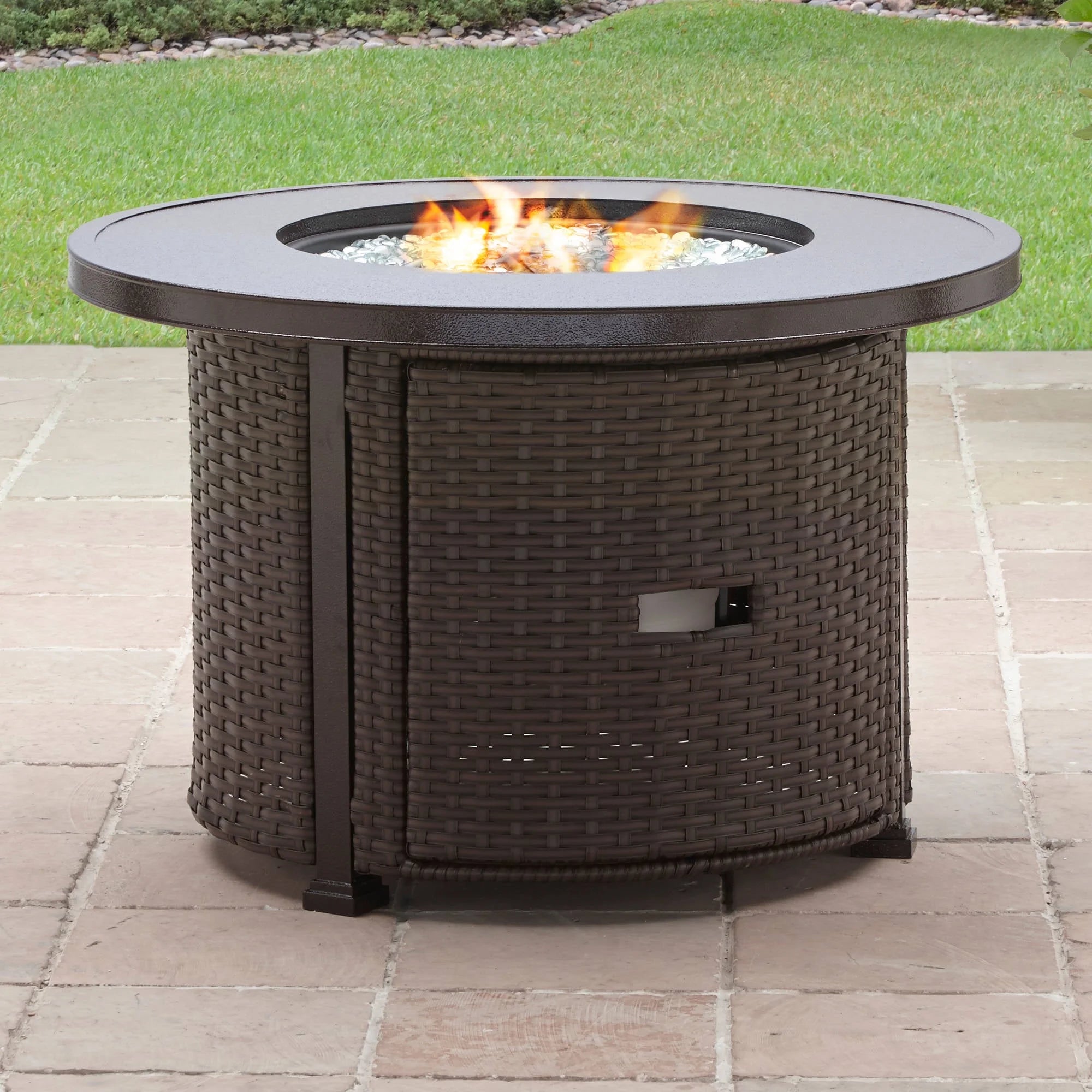 Colebrooke 37" round 50,000 BTU Propane Gas Fire Pit Table with Glass Beads, Metal Lid and Protective Cover