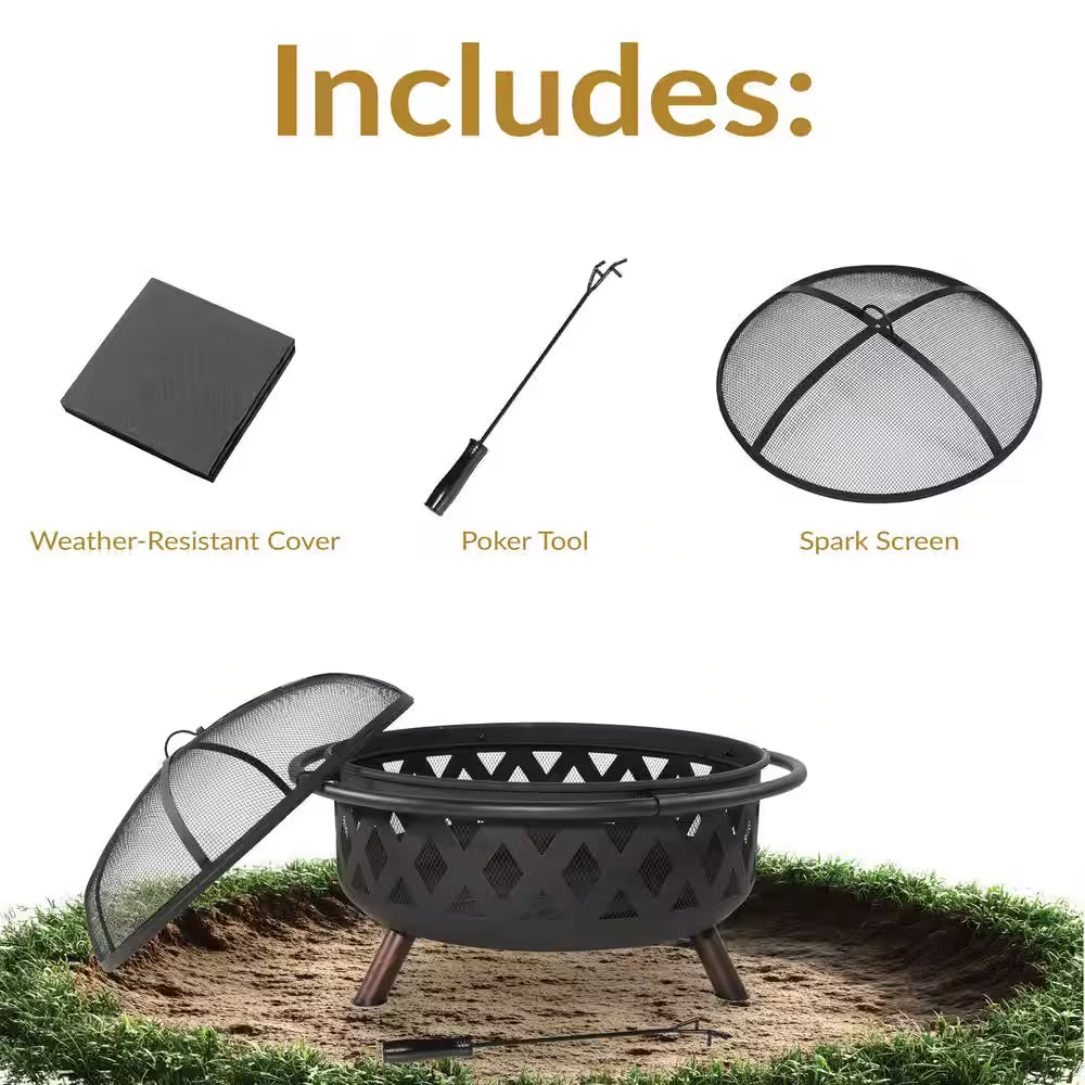 Black Cross Weave 36 In. X 24 In. round Steel Wood Burning Fire Pit with Spark Screen