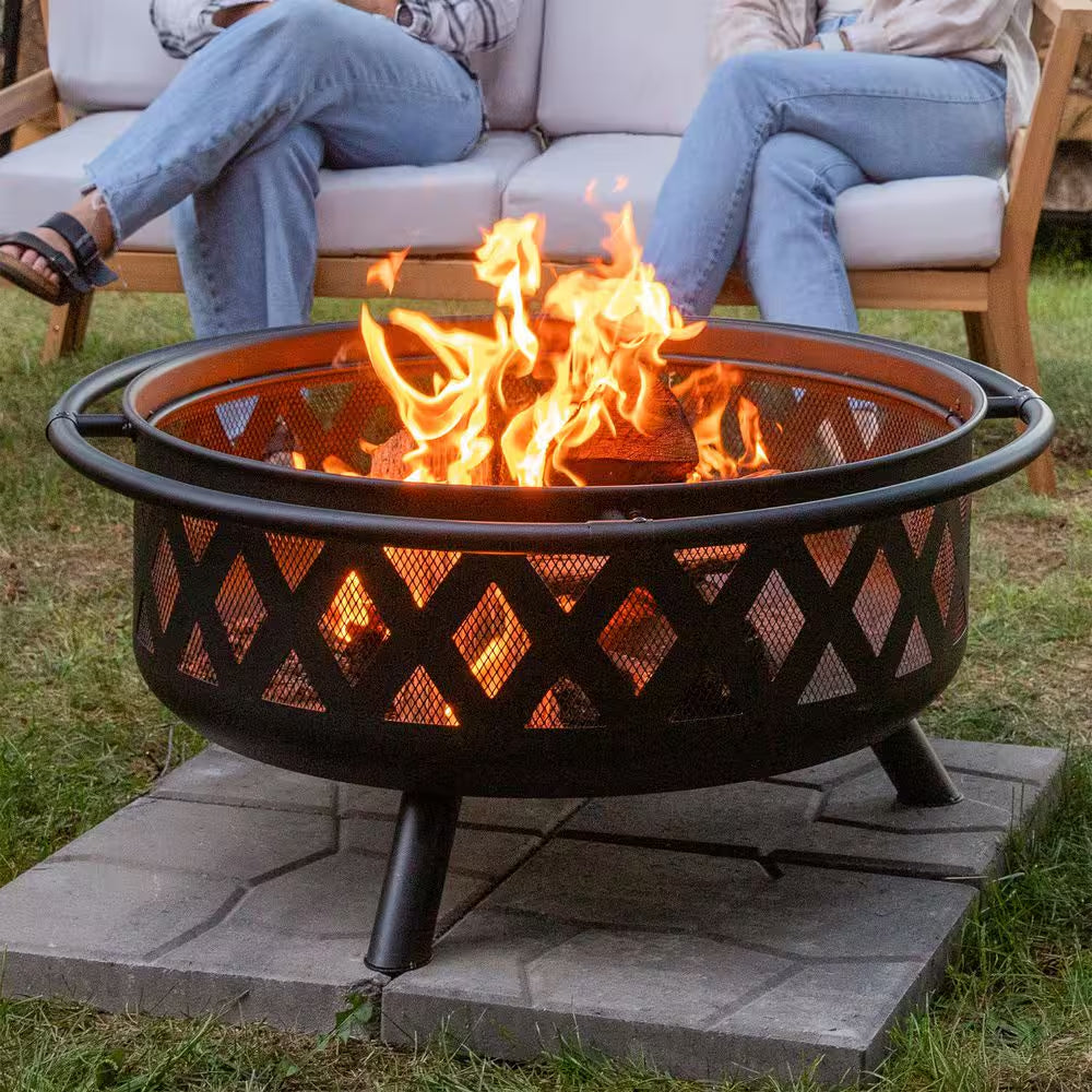 Black Cross Weave 36 In. X 24 In. round Steel Wood Burning Fire Pit with Spark Screen