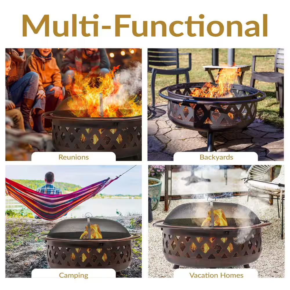 Cross Weave 36 In. X 24 In. Large round Steel Wood Burning Fire Pit in Bronze with Spark Screen