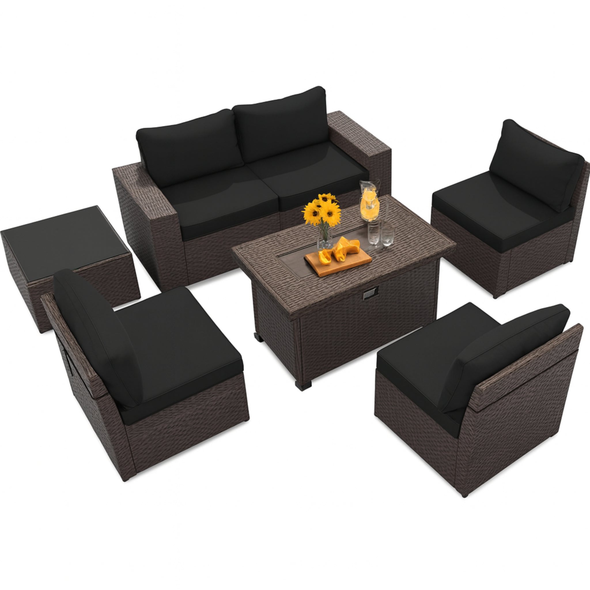 7 Pieces Outdoor Patio Furniture Set with 43" Fire Pit Table Sets Outdoor Furniture Patio Conversation Set (Black)